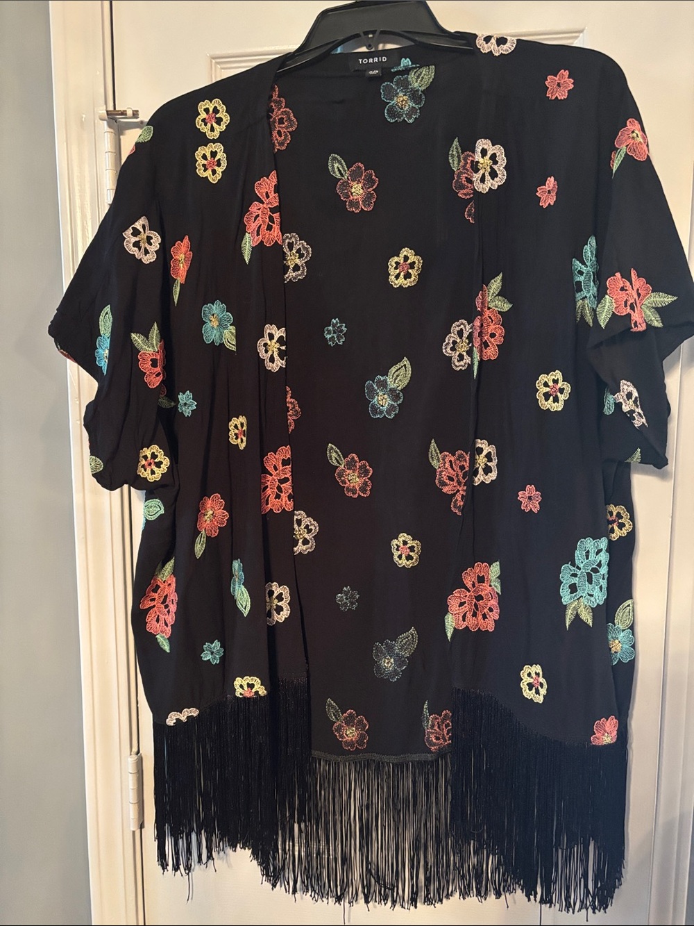 Torrid Black Open Tunic with Floral Embroidery & Fringe Hem
